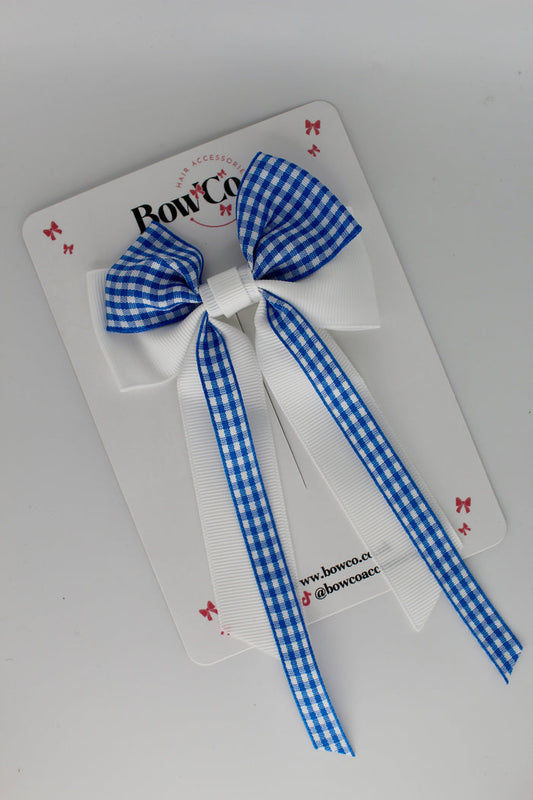 School Royal Blue Gingham Streamer Tail Bow - Clip