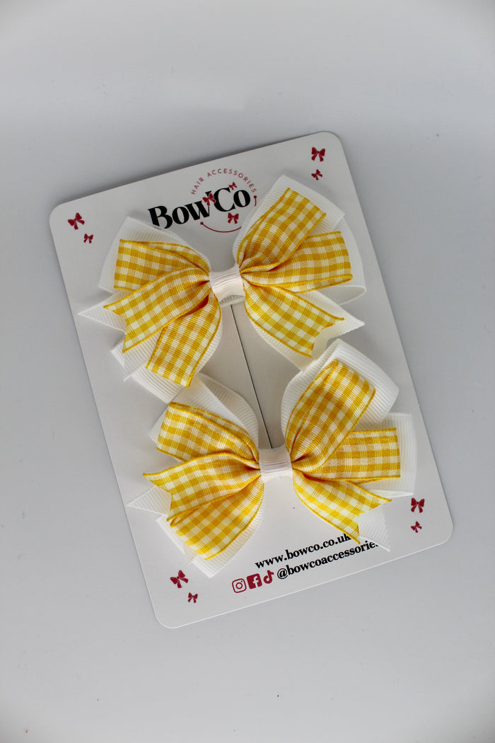 School Yellow Bow Gingham Double Tail Bow Set - Clip