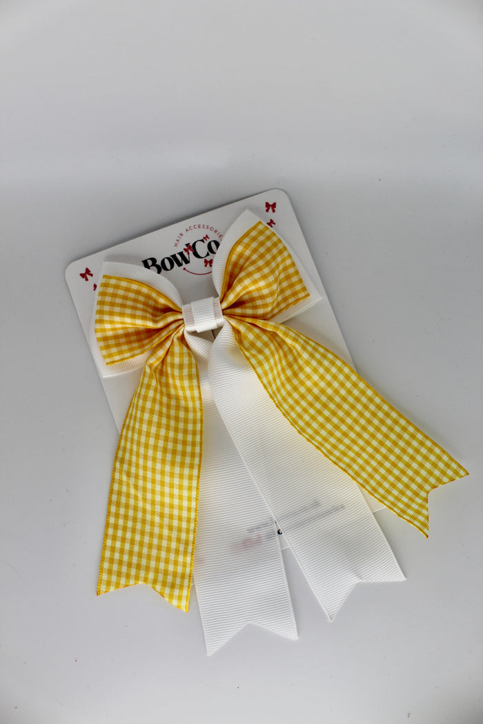 School Yellow Gingham Classic Tail Bow - Clip