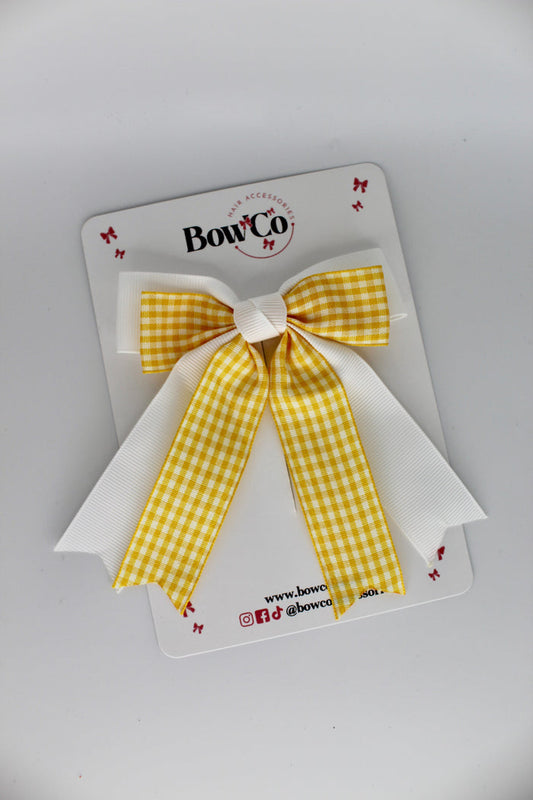 School Yellow Gingham Double Ribbon Tail Bow - Clip