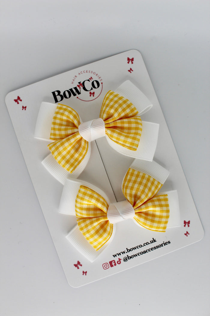 School Yellow Gingham Layer Bow Set - Clip