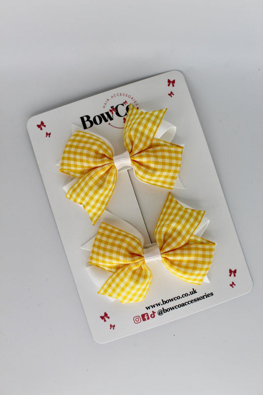School Yellow Gingham Layer Tail Bow Set - Clip