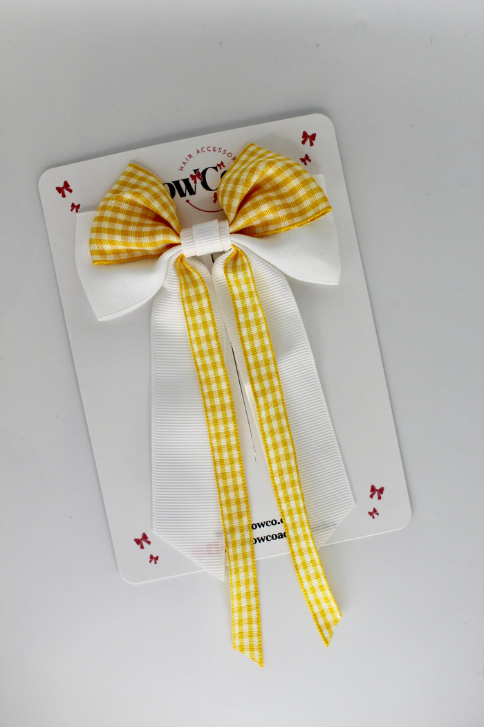 School Yellow Gingham Streamer Tail Bow - Clip