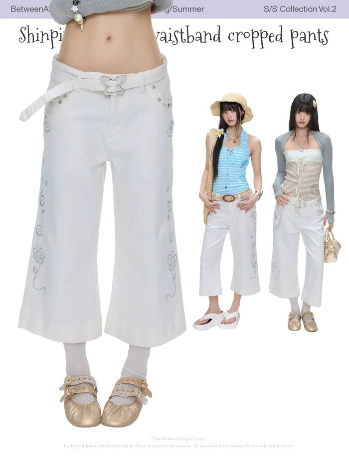 Shinpink printed waistband cropped pants with belt