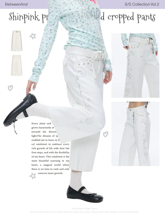 Shinpink printed waistband cropped pants with belt