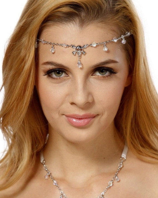 Model wearing Silver Skull and Crossbones Tie-On Crown and Necklace with clear crystal bead accents.