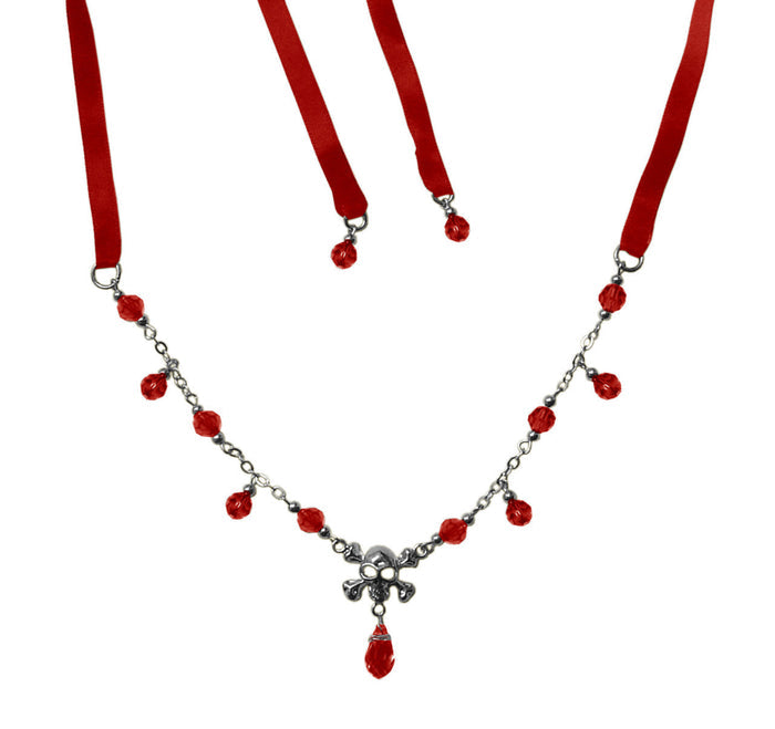 Silver Skull and Crossbones Tie-On Crown and Necklace with red ribbon ties and red crystal bead accents, front view.
