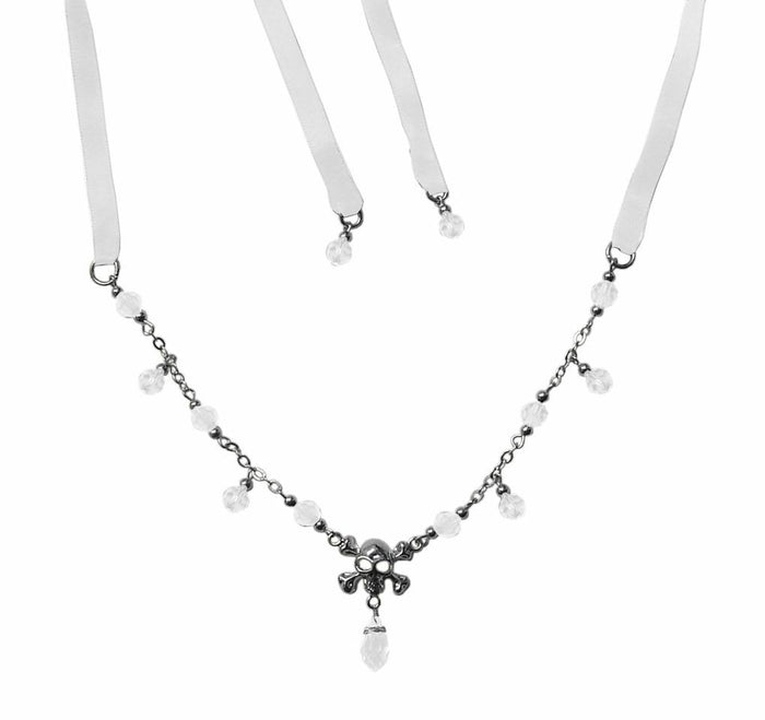 Silver Skull and Crossbones Tie-On Crown and Necklace with white ribbon ties and red crystal bead accents, front view.