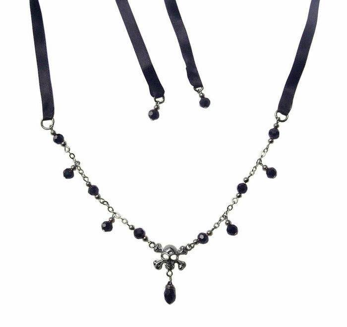 Silver Skull and Crossbones Tie-On Crown and Necklace with black ribbon ties and red crystal bead accents, front view.