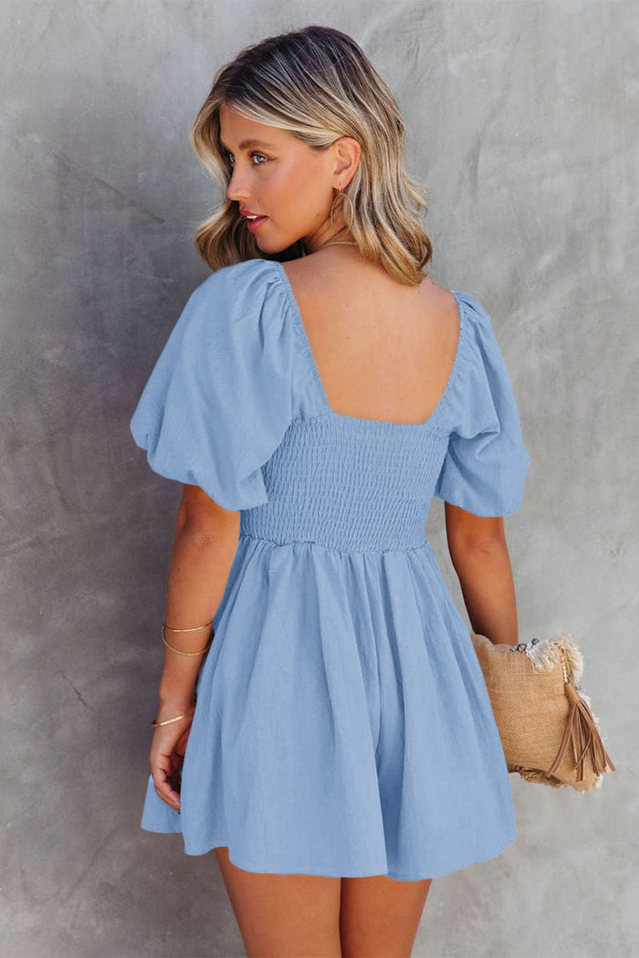 Sky Blue Brown Square Neck Ruched Puff Sleeve Romper 🇺🇸