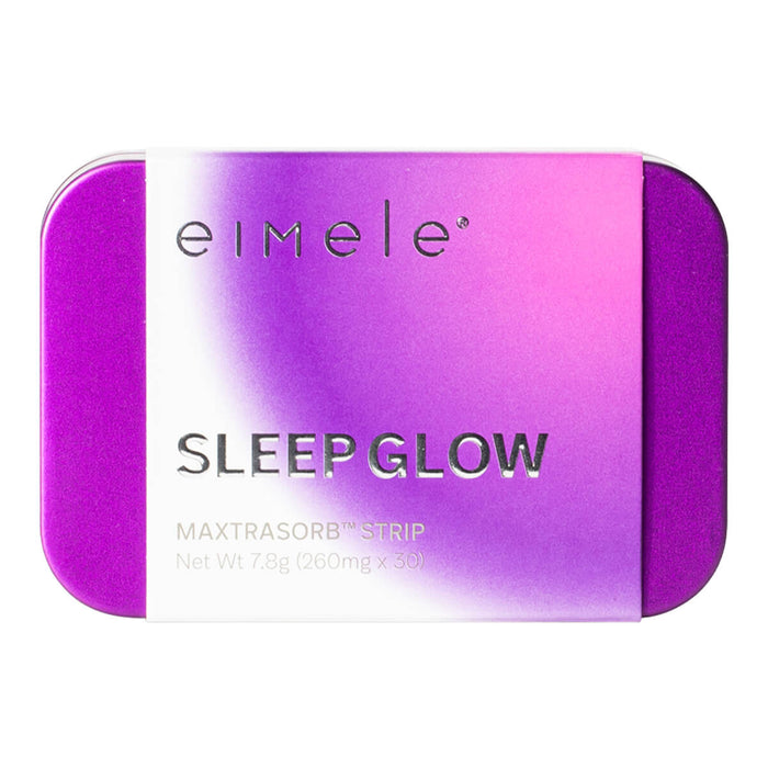 eimele Sleep Glow tin with 30 strips, sleep support formula with phytonutrient and antioxidant benefits.