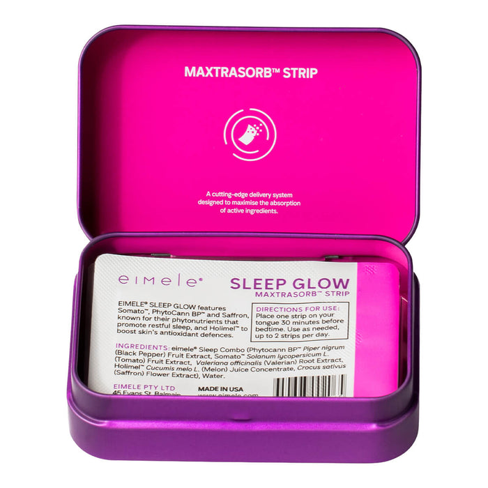 eimele Sleep Glow tin opened, sleep support formula with phytonutrient and antioxidant benefits.