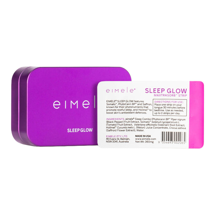 eimele Sleep Glow tin next to strip, sleep support formula with phytonutrient and antioxidant benefits.