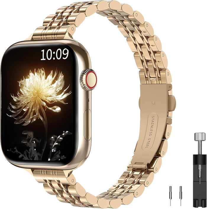 Slim Prestige Stainless Steel Link Band For Apple Watch Multiple Colors Available — Whether you choose the polished silver or the sophisticated gold, your wrist will exude effortless style.