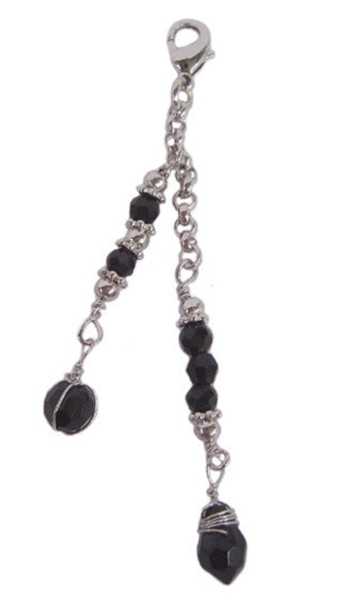 Silver two-strand chain charm with black faceted beads and lobster clasp for Hair Twisters.