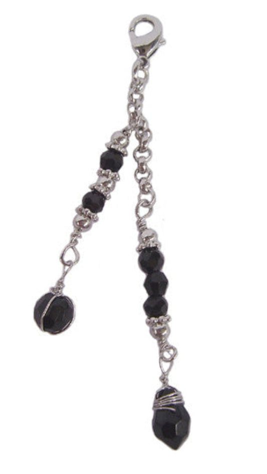 Silver two-strand chain charm with black faceted beads and lobster clasp for Hair Twisters.
