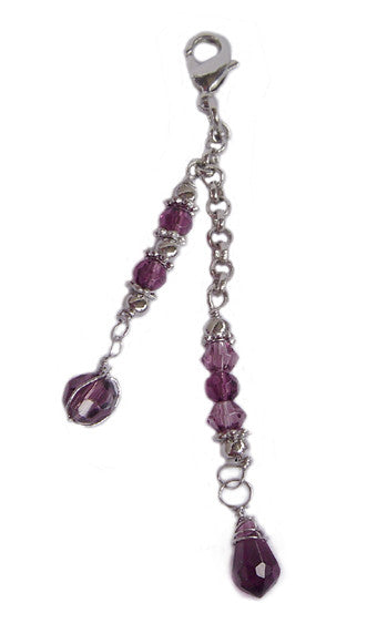 Small silver 2-strand hair charm with purple beads for ponytails and festival hairstyles