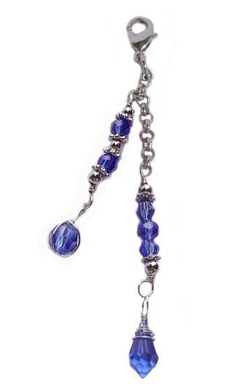 Small silver 2-strand hair charm with blue beads for ponytails and festival hairstyles