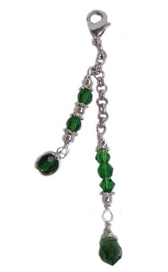 Small silver 2-strand hair charm with green beads for ponytails and festival hairstyles