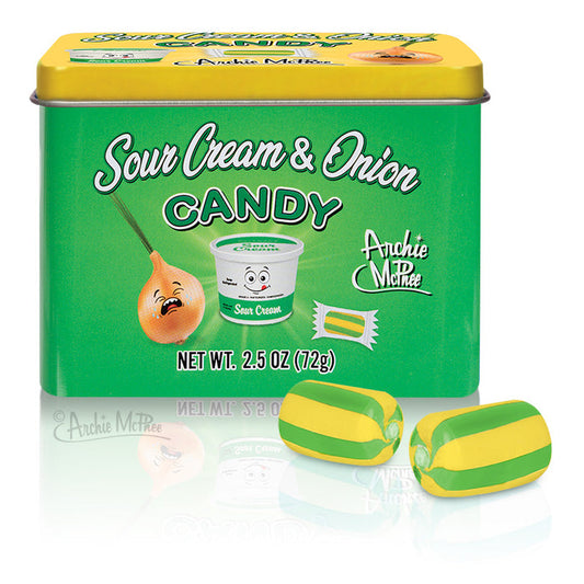 A rectangular tin of Sour Cream & Onion Candy features two striped candies in front, making it the perfect snack for your next game night.