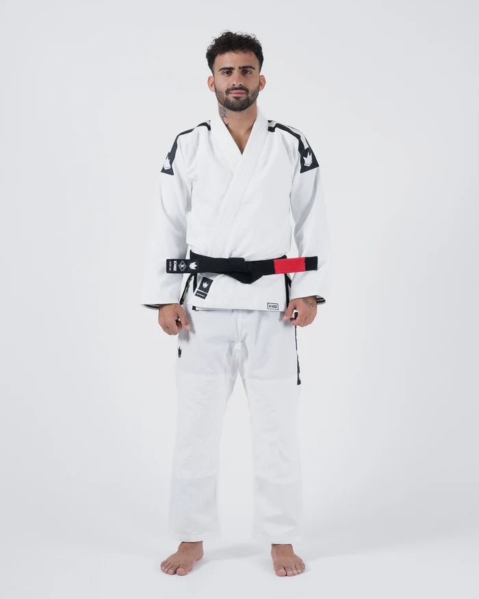 Kingz Sport Jiu Jitsu Gi - White - Full Body Front View Male Athlete Black Shoulder Panels Crown Logos Black Belt Contrast Stitching Durable Fabric BJJ Gi Training Grappling [color:White]