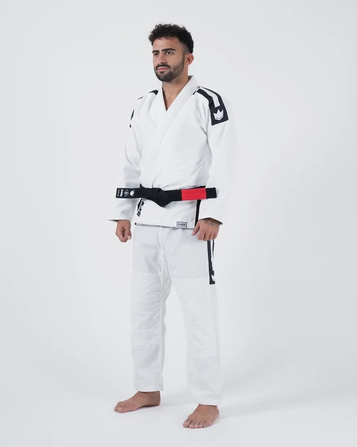 Kingz Sport Jiu Jitsu Gi White - Full Body Front View Male Athlete Black Shoulder Patches Crown Badge Black Belt Contrast Stitching Durable Fabric BJJ Gi Training Apparel [color:White]