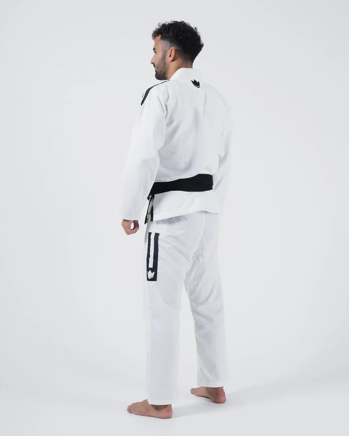 Kingz Sport Jiu Jitsu Gi - White - Back View Male Athlete Black Crown Logo Upper Back Black Stripe Shoulder White Pants Black Stripe Crown Badge Right Thigh BJJ Gi Training [color:White]