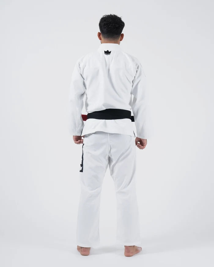 Kingz Sport Jiu Jitsu Gi - White - Full Body Back View Male Athlete Black Crown Logo Upper Back Black Belt Clean White Design Durable Fabric BJJ Gi Training [color:White]
