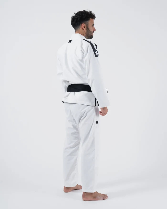 Kingz Sport Jiu Jitsu Gi White - Back View Male Athlete Black Crown Badge Shoulder Detail Black Belt Contrast Stitching Durable Fabric BJJ Gi Training [color:White]