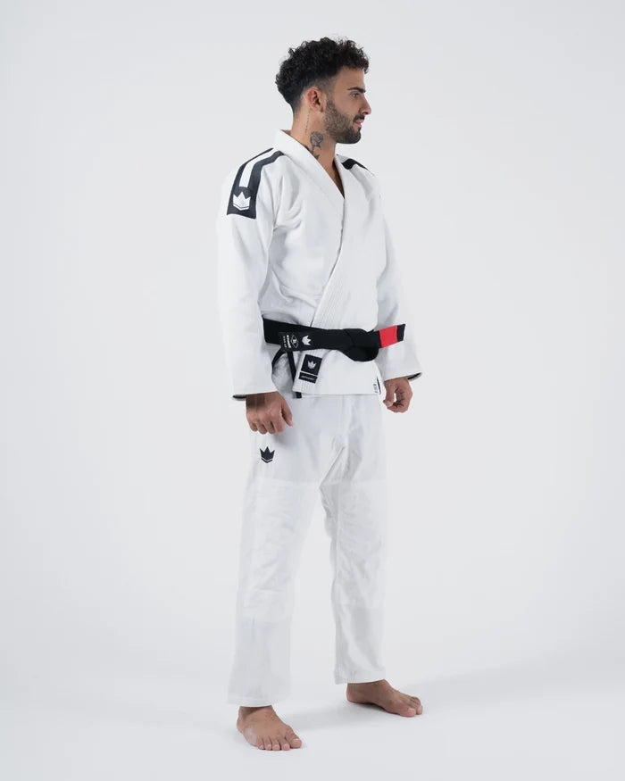 Kingz Sport Jiu Jitsu Gi - White - Full Body Side View Male Athlete Black Shoulder Stripes Crown Logo Chest and Thigh Black Belt Contrast Stitching Premium Cotton BJJ Gi Training Grappling [color:White]