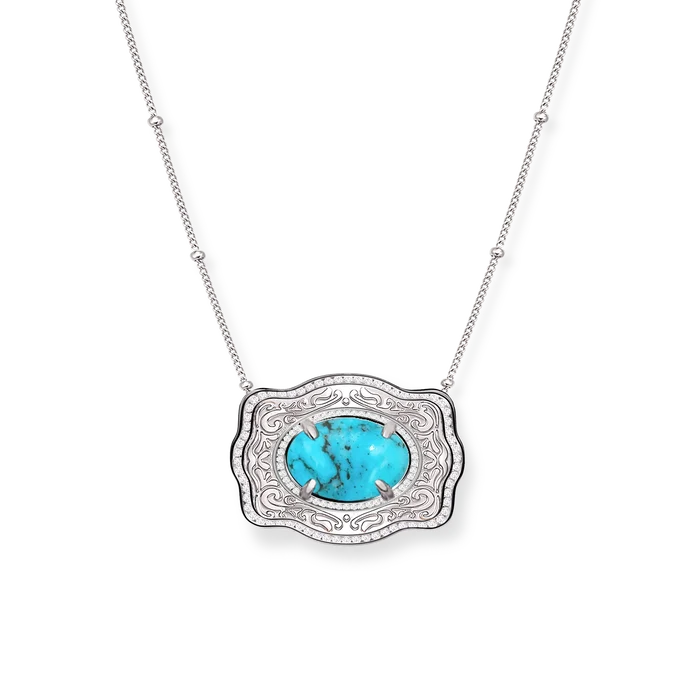 SpurWest Belt Buckle Necklace (Oasis) - Beaded Chain - Silver