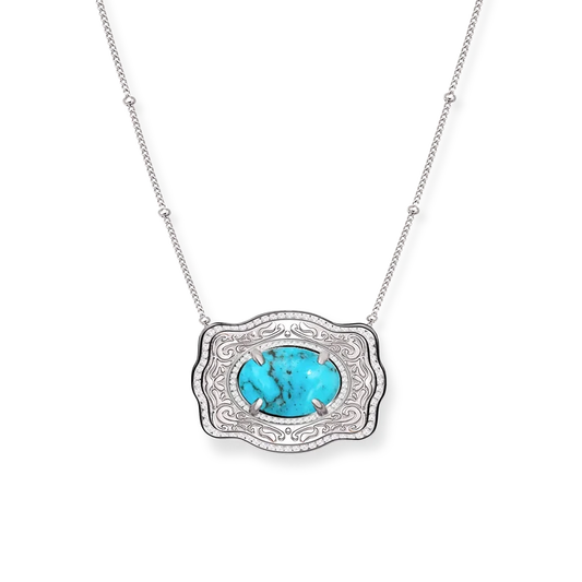 SpurWest Belt Buckle Necklace (Oasis) - Beaded Chain - Silver