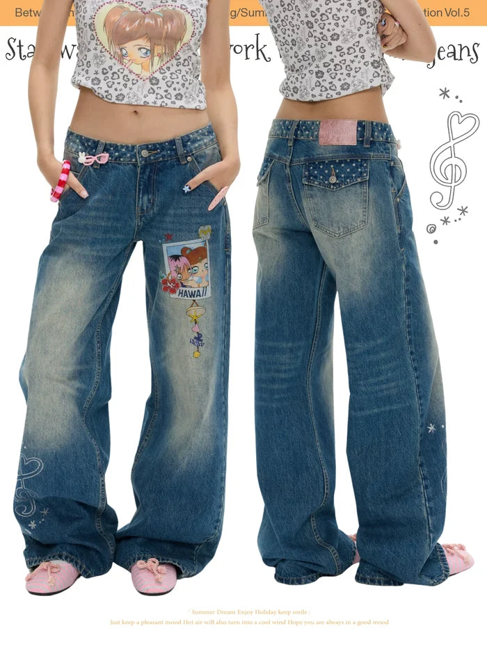 Star wave dot patchworkd washed denim jeans