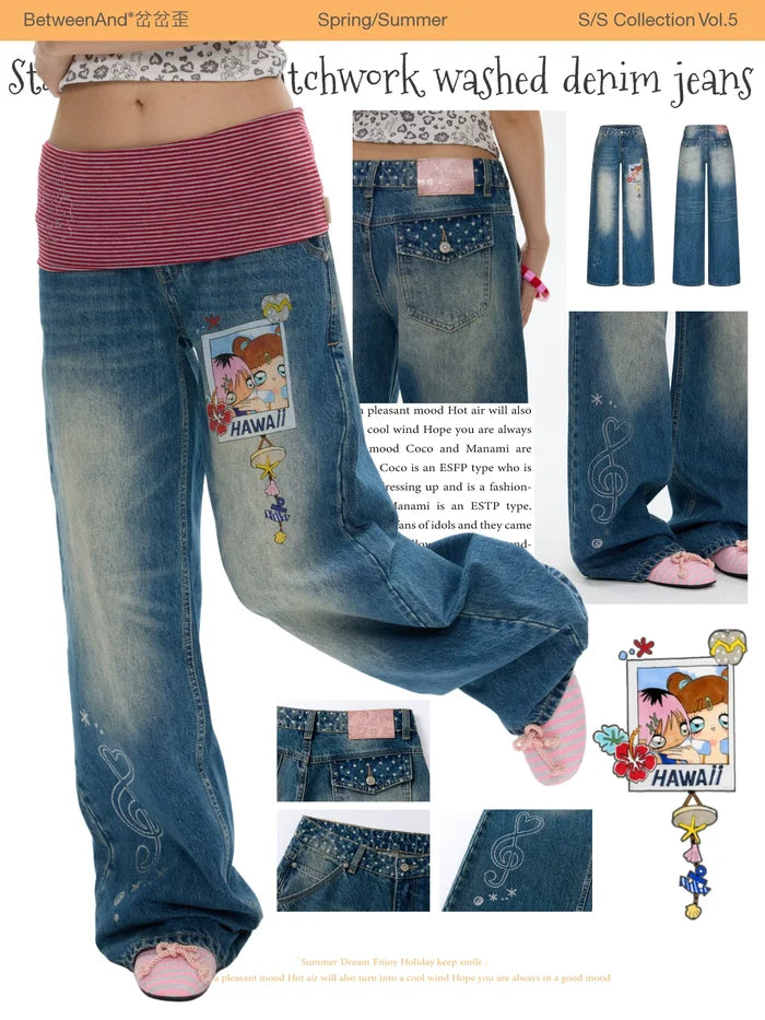 Star wave dot patchworkd washed denim jeans