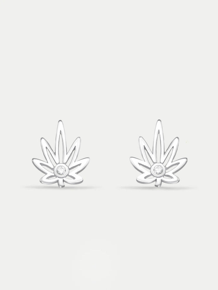 Sterling Silver Cannabis Leaf Gem Stud Earrings | Silver-Image 1