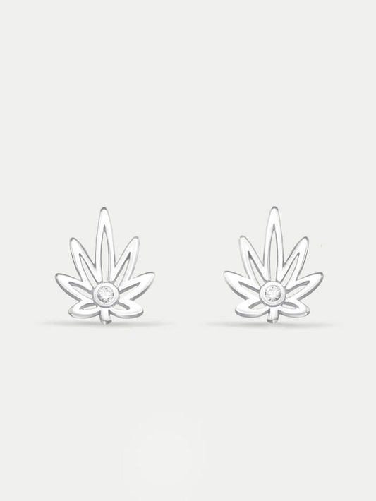 Sterling Silver Cannabis Leaf Gem Stud Earrings | Silver-Image 1