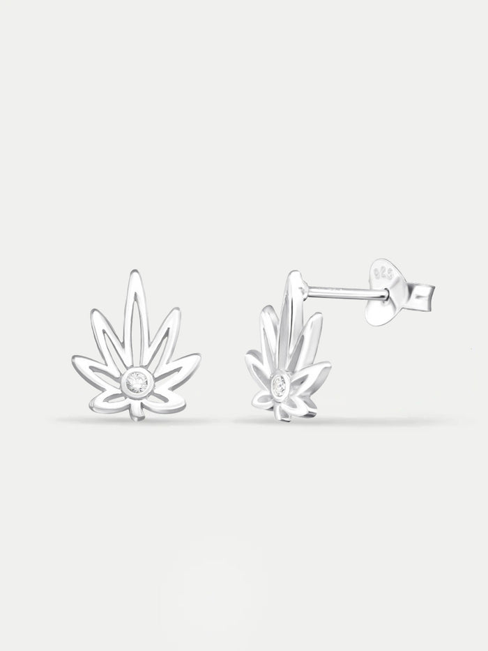 Sterling Silver Cannabis Leaf Gem Stud Earrings | Silver-Image 2
