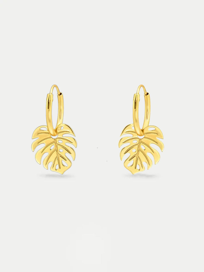 Sterling Silver Monstera Leaf Ear Hoops | Gold-Image 1