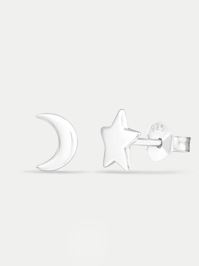 Sterling Silver Star and Moon Stud Earrings | Silver-Image 1