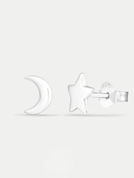 Sterling Silver Star and Moon Stud Earrings | Silver-Image 1