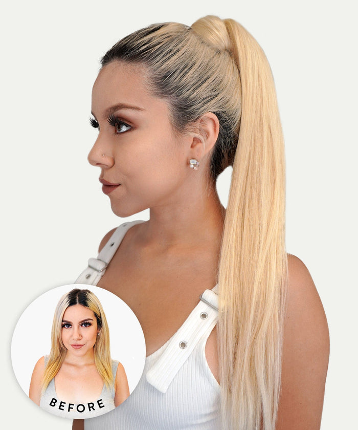 A woman with long, straight black hair in a high ponytail looks to the side; inset shows her with shorter loose hair, in a white top.