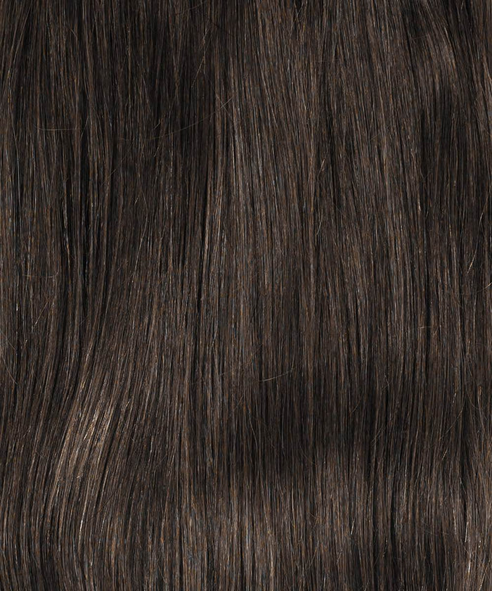 Close-up of Perfect Locks Straight Clip-In Ponytail Extensions in Chocolate Brown , featuring smooth, shiny strands for a sleek, polished look.#color_natural-black-(1B)