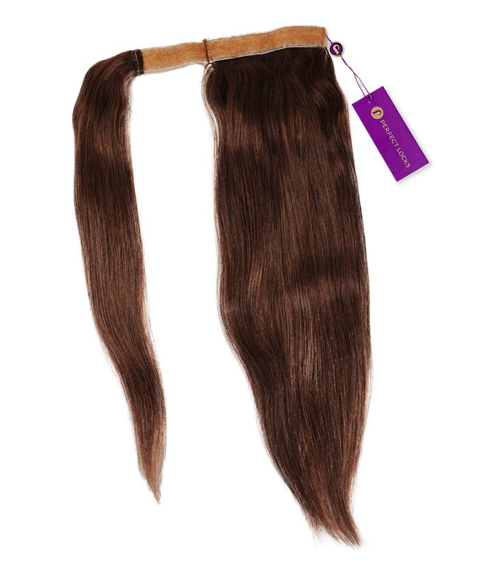 A bundle of Perfect Locks Straight Clip-In Ponytail Extensions in Chocolate Brown  with a sewn weft and a purple tag attached.#color_chocolate-brown-(3)