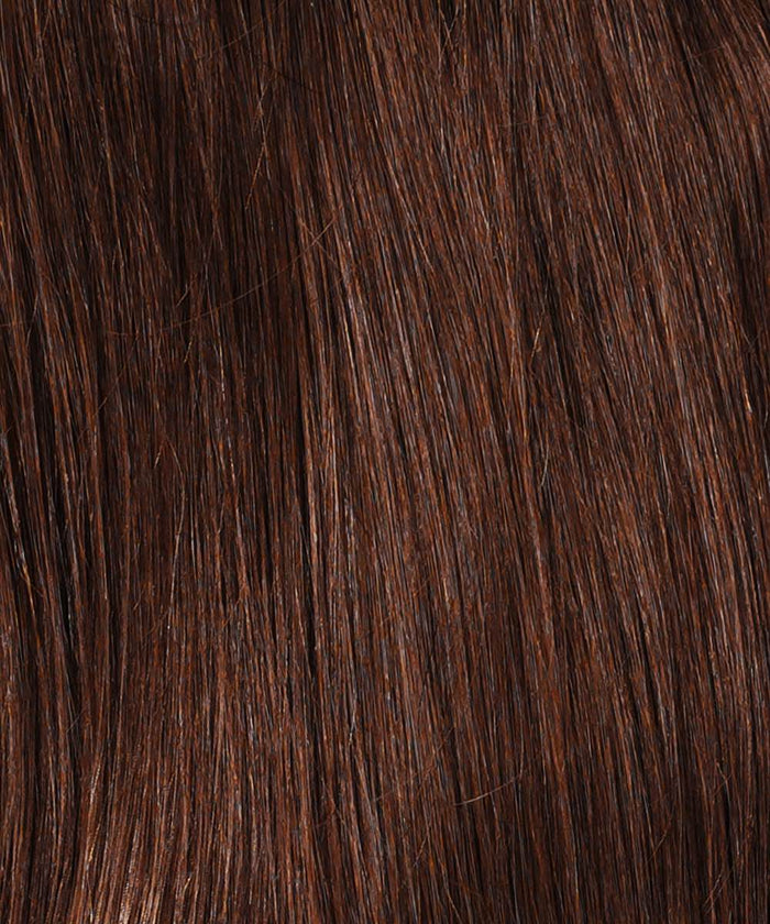 Close-up of straight, shiny golden brown hair with natural texture, enhanced by Perfect Locks Straight Clip-In Ponytail Extensions in color 6.#color_chocolate-brown-(3)