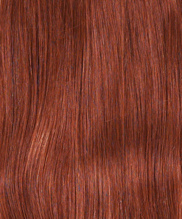 Close-up view of smooth, straight, shiny golden brown hair with natural highlights, enhanced by Perfect Locks Straight Clip-In Ponytail Extensions in color Golden Brown .#color_dark-auburn-(33)