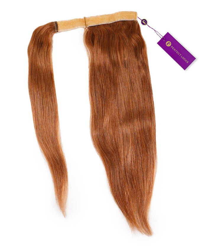A set of Perfect Locks Straight Clip-In Ponytail Extensions in Honey Blonde  with a beige band and purple tag on white background.#color_golden-brown-(6)