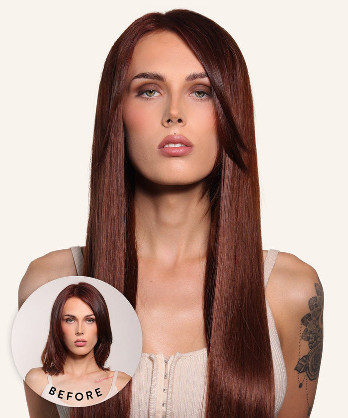 A woman with long, straight, shiny black hair—enhanced by extensions—shows a neutral expression; inset shows her prior, with shorter hair.