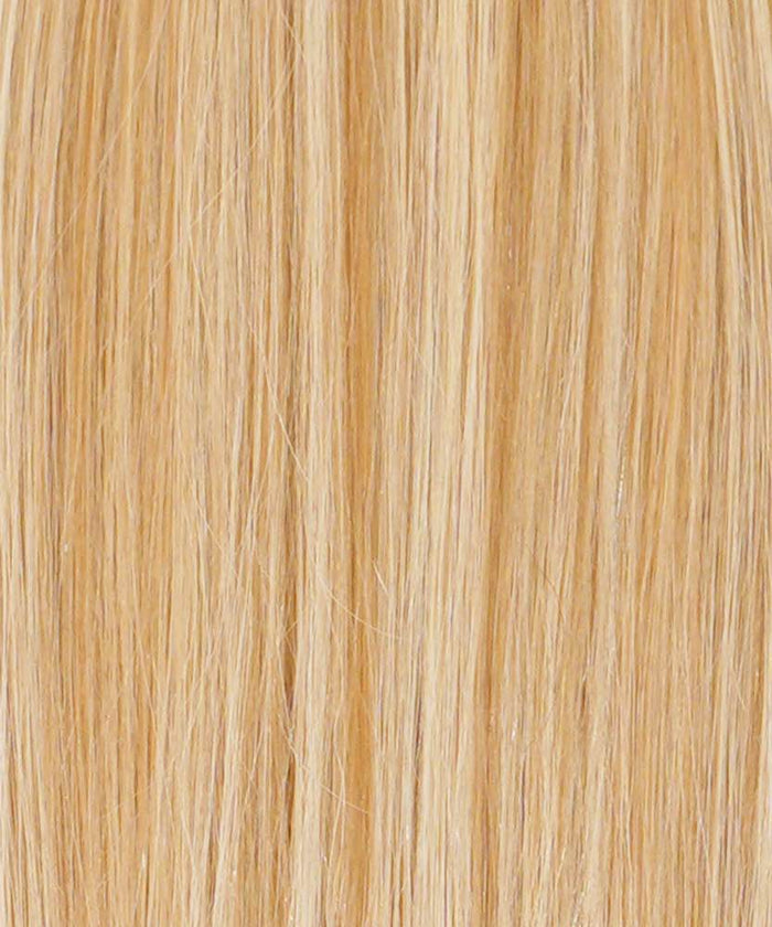 Close-up of Perfect Locks Straight Hand-Tied Weft Rows (2oz) in Chocolate Brown , featuring smooth, shiny strands that highlight the natural color and texture.#color_caramel-blonde-highlights-(24/27/613)