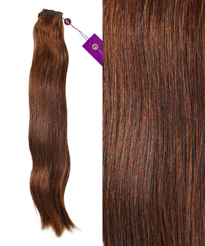 On the left are Perfect Locks Straight Hand-Tied Weft Rows (2oz) in Chocolate Brown , with a close-up of their smooth, shiny Remy texture and subtle color variations on the right.#color_chocolate-brown-(3)