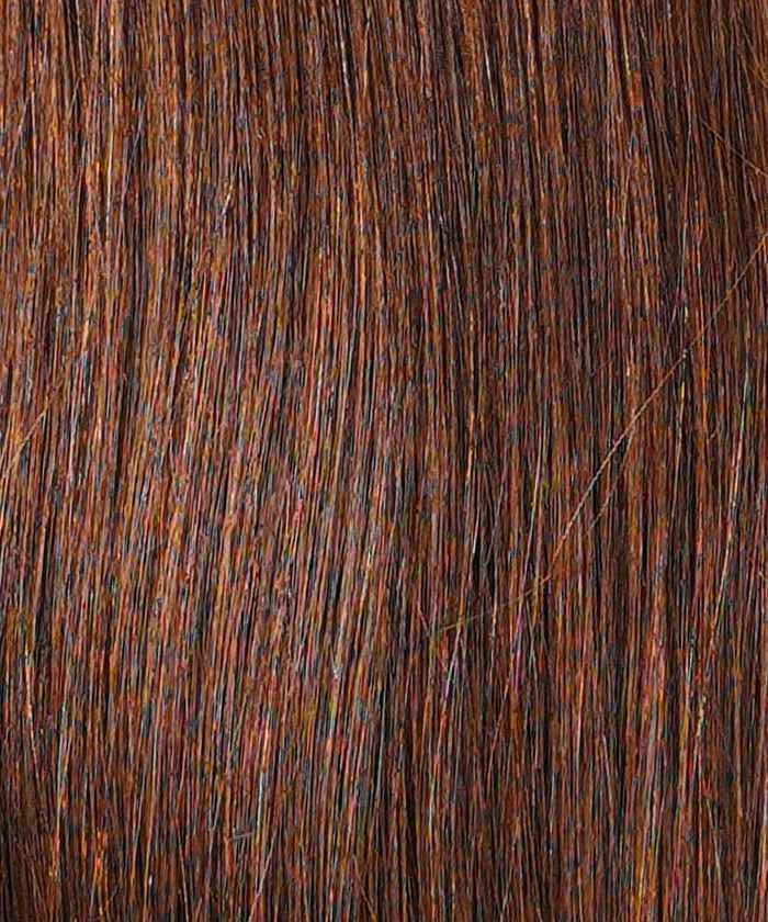 Close-up of straight, smooth golden brown hair with fine strands and natural highlights, enhanced by hand-tied weft rows in Color 6.#color_chocolate-brown-(3)